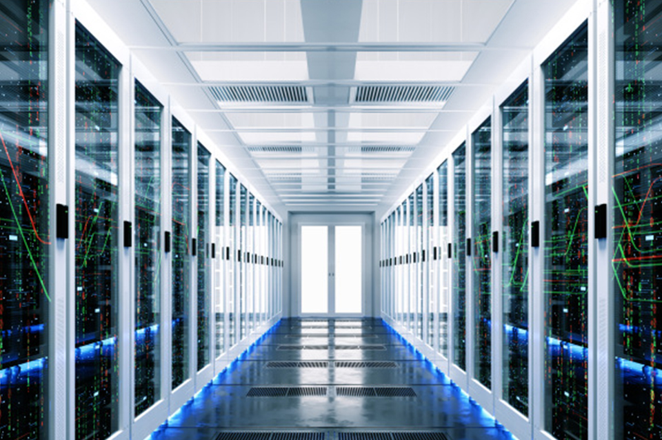 Data center aisle with server cabinets